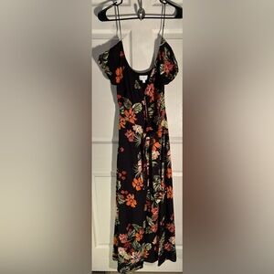 LOST + WANDER Aloha Lei Maxi Dress Floral Black Rayon Wrap XS